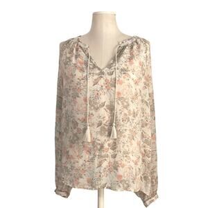 Lucky Brand Cream Floral Long Sleeve Tie Front Peasant Top | Size L/G